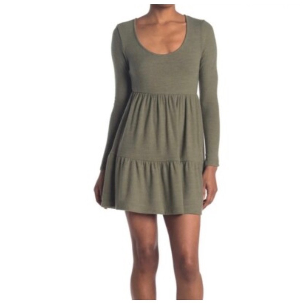 Altar'd State Womens Olive Green Knit Long Sleeve Tiered Babydoll Mini Dress M